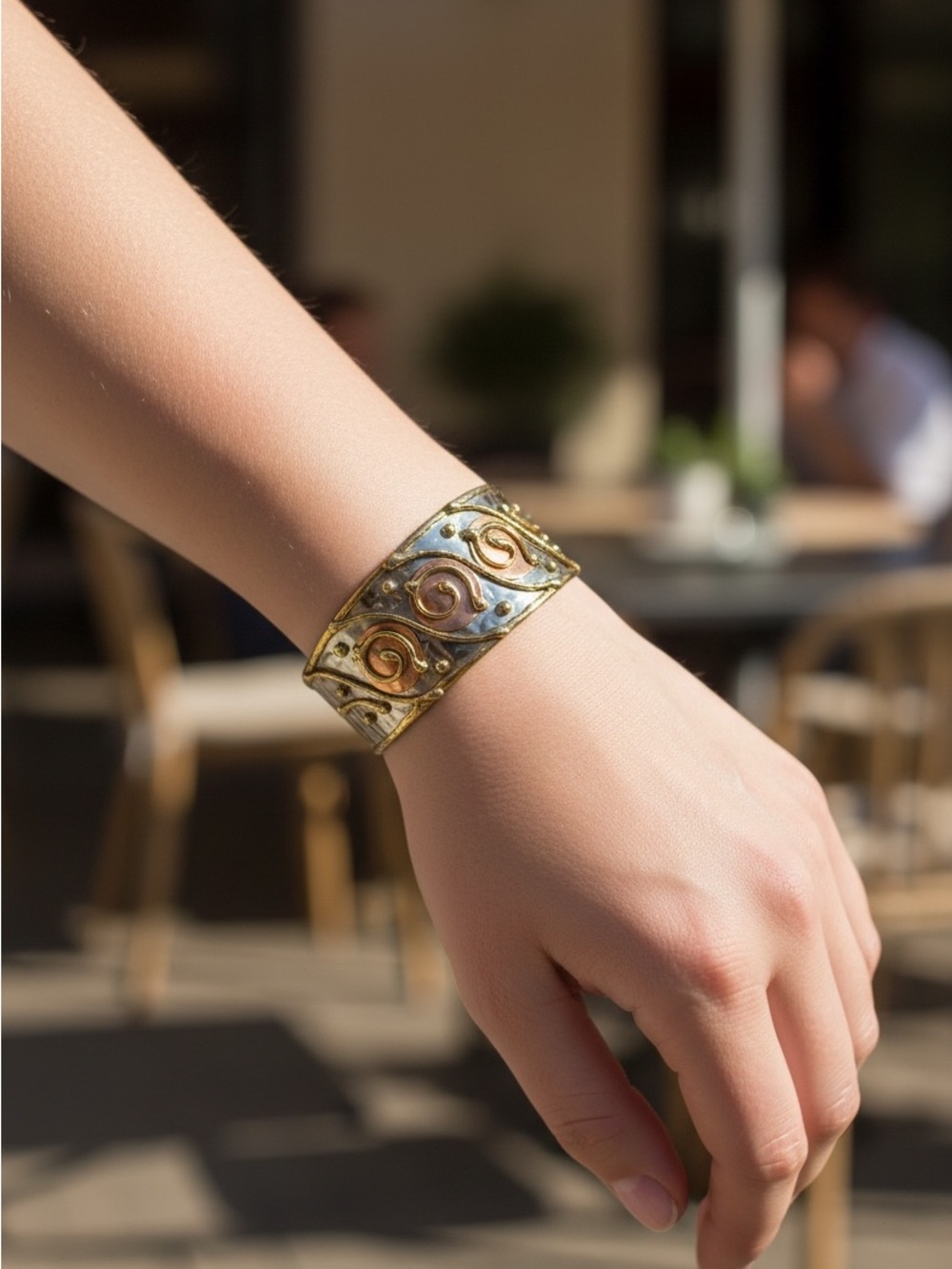 Artisan Mixed Metal Tri-Tone Swirl Cuff Bracelet | Silver Brass Copper